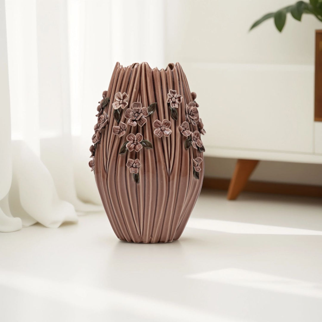 Floral Embossed Vase(Brown) Flower Vase | Ceramic Vase | Home Decor | Brown Vase