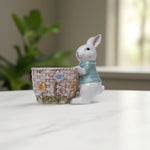 Load image into Gallery viewer, Bunny with Basket Kitchen Decor - Ceramic bunny figurines with flower baskets for Easter decor | Hand-painted ceramic bunny| Whimsical spring decor ceramic bunnies | Kitchen Ware
