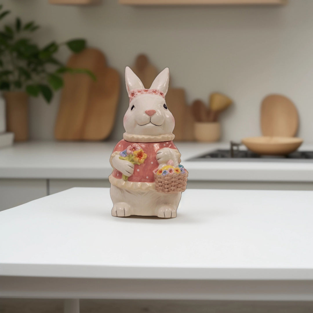 Pink Bunny Cookie Stasher - Ceramic bunny figurines with flower baskets for Easter decor | Hand-painted ceramic bunny| Whimsical spring decor ceramic bunnies | Bunny Cookie Stasher | Cute cookie Stasher | Home Decor | Kitchen Ware