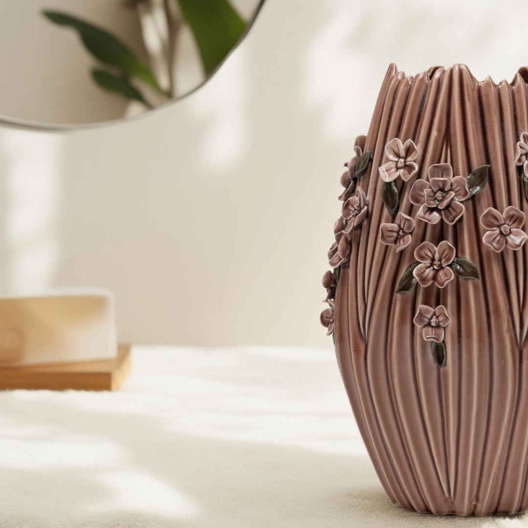 Floral Embossed Vase(Brown) Flower Vase | Ceramic Vase | Home Decor | Brown Vase