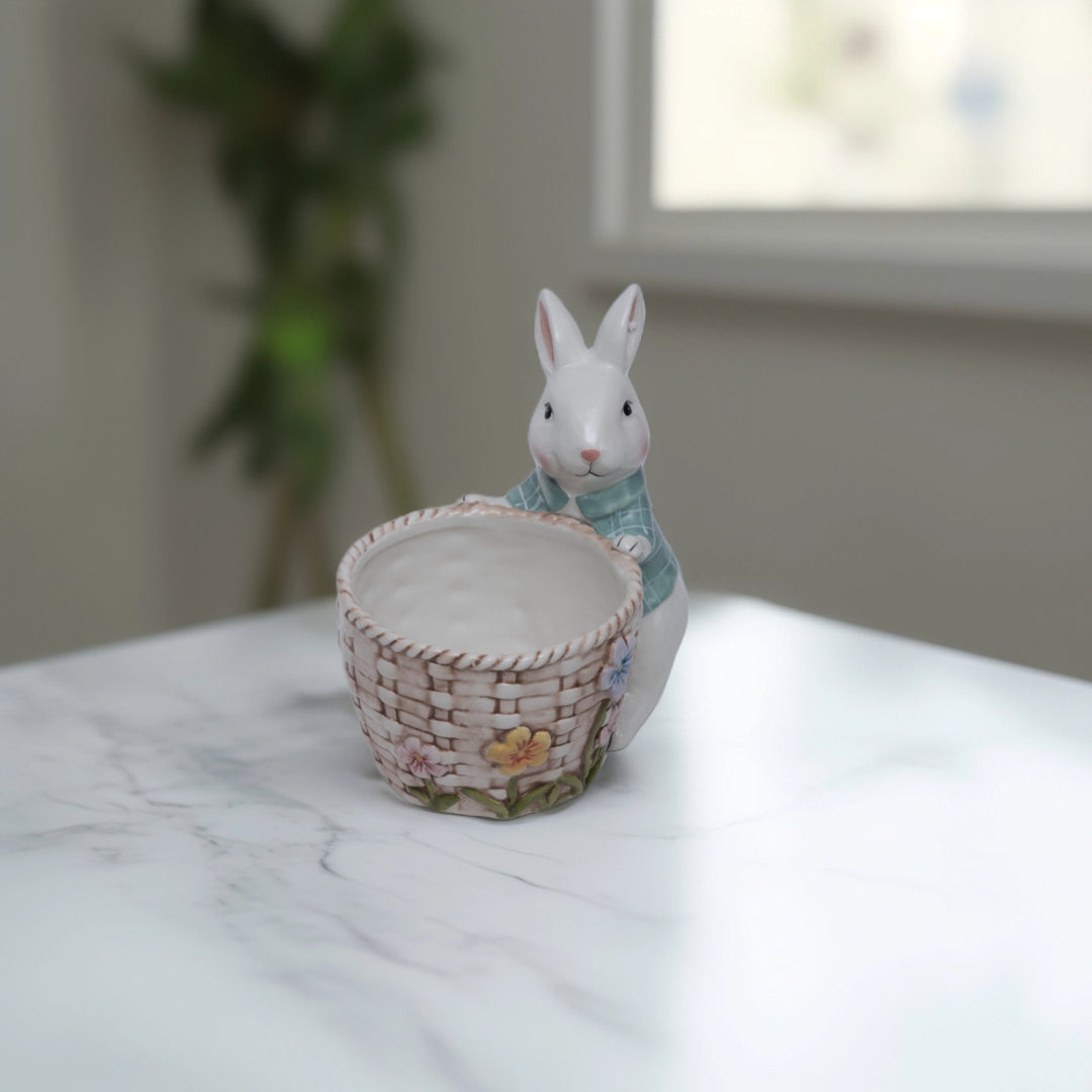 Bunny with Basket Kitchen Decor - Ceramic bunny figurines with flower baskets for Easter decor | Hand-painted ceramic bunny| Whimsical spring decor ceramic bunnies | Kitchen Ware
