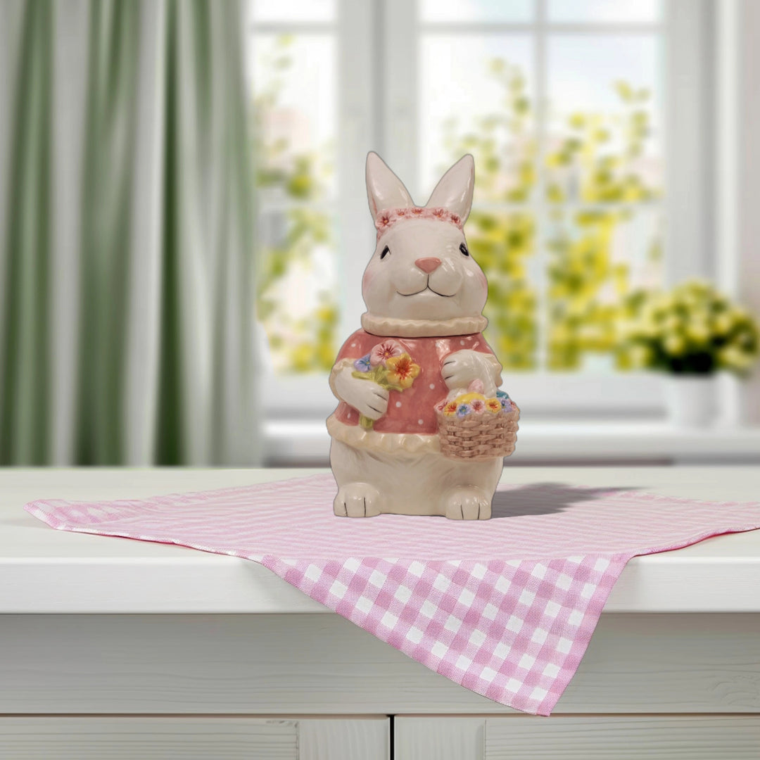 Pink Bunny Cookie Stasher - Ceramic bunny figurines with flower baskets for Easter decor | Hand-painted ceramic bunny| Whimsical spring decor ceramic bunnies | Bunny Cookie Stasher | Cute cookie Stasher | Home Decor | Kitchen Ware