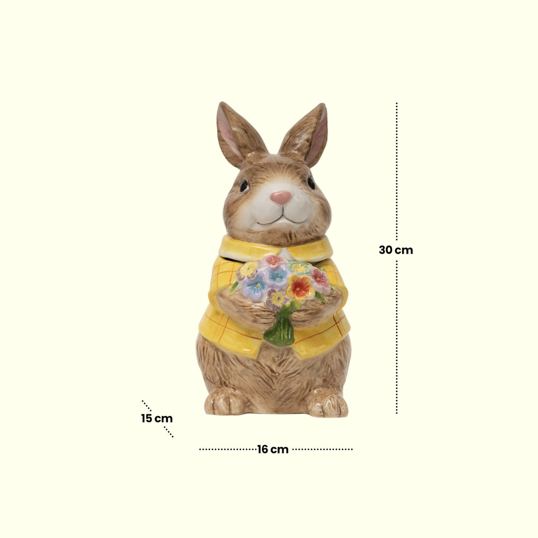 Yellow Bunny Cookie Stasher - Ceramic bunny figurines with flower baskets for Easter decor | Hand-painted ceramic bunny| Whimsical spring decor ceramic bunnies | Bunny Cookie Stasher | Cute cookie Stasher | Home Decor | Kitchen Ware