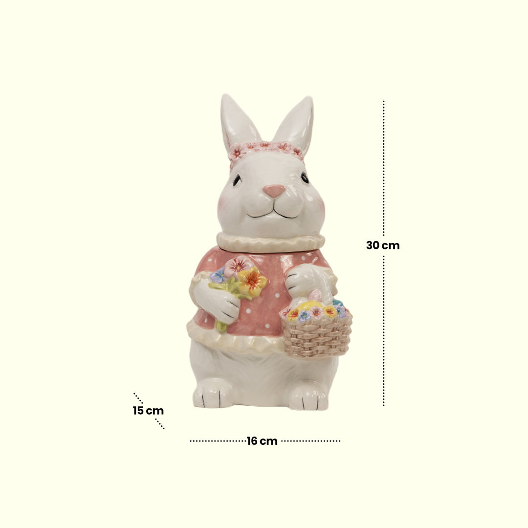 Pink Bunny Cookie Stasher - Ceramic bunny figurines with flower baskets for Easter decor | Hand-painted ceramic bunny| Whimsical spring decor ceramic bunnies | Bunny Cookie Stasher | Cute cookie Stasher | Home Decor | Kitchen Ware