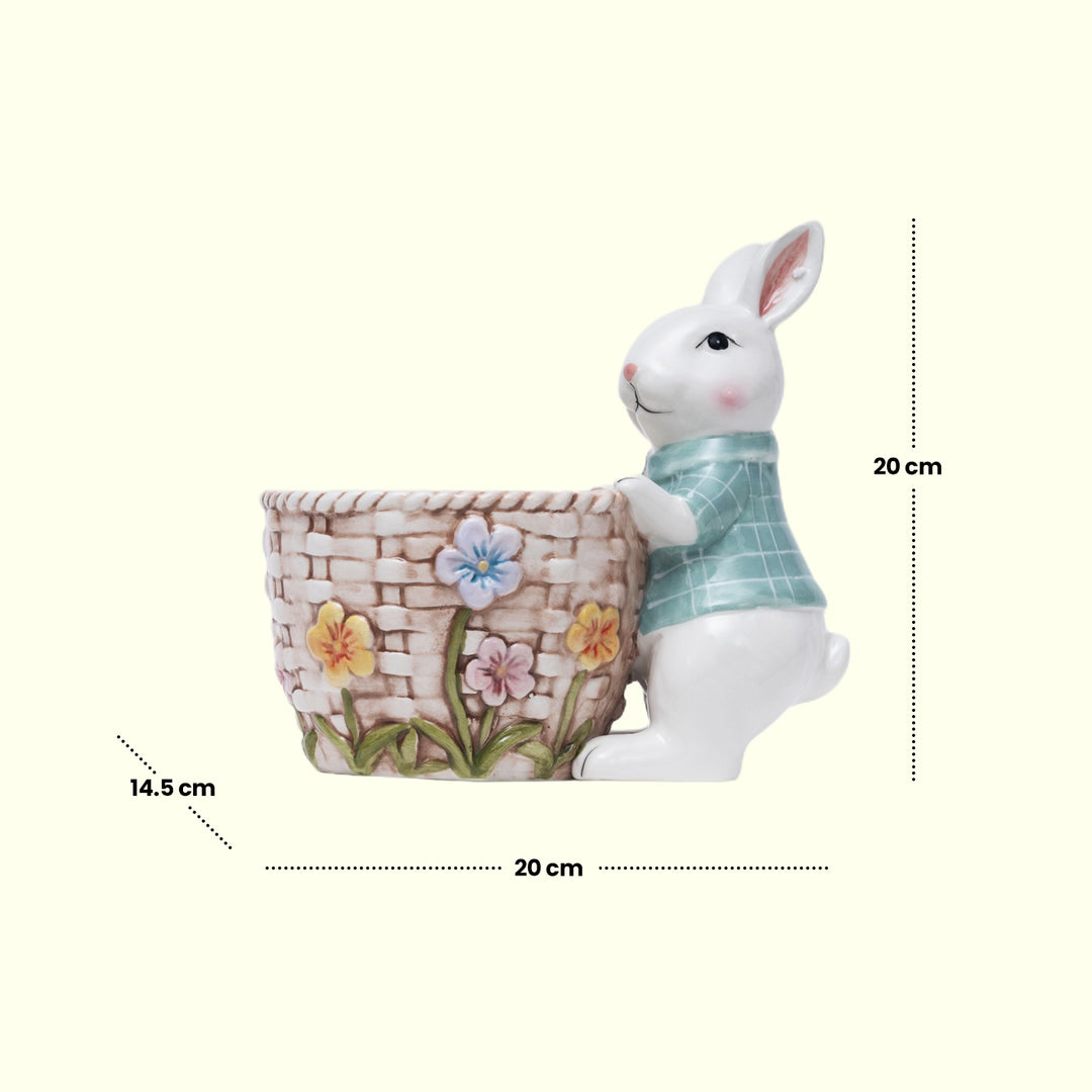 Bunny with Basket Kitchen Decor - Ceramic bunny figurines with flower baskets for Easter decor | Hand-painted ceramic bunny| Whimsical spring decor ceramic bunnies | Kitchen Ware