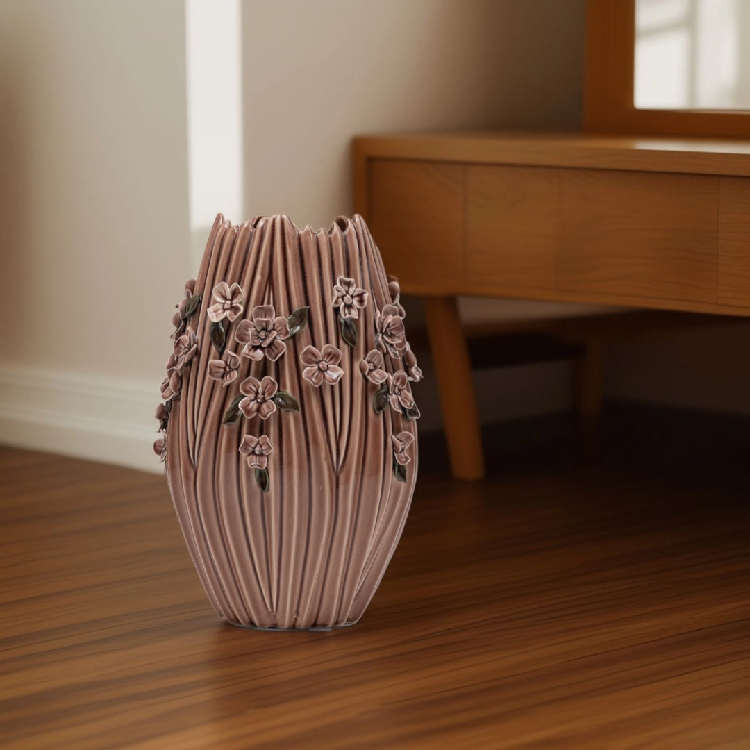 Floral Embossed Vase(Brown) Flower Vase | Ceramic Vase | Home Decor | Brown Vase