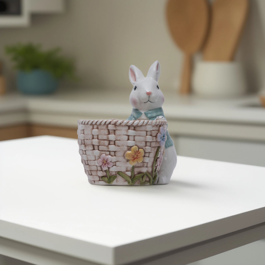 Bunny with Basket Kitchen Decor - Ceramic bunny figurines with flower baskets for Easter decor | Hand-painted ceramic bunny| Whimsical spring decor ceramic bunnies | Kitchen Ware
