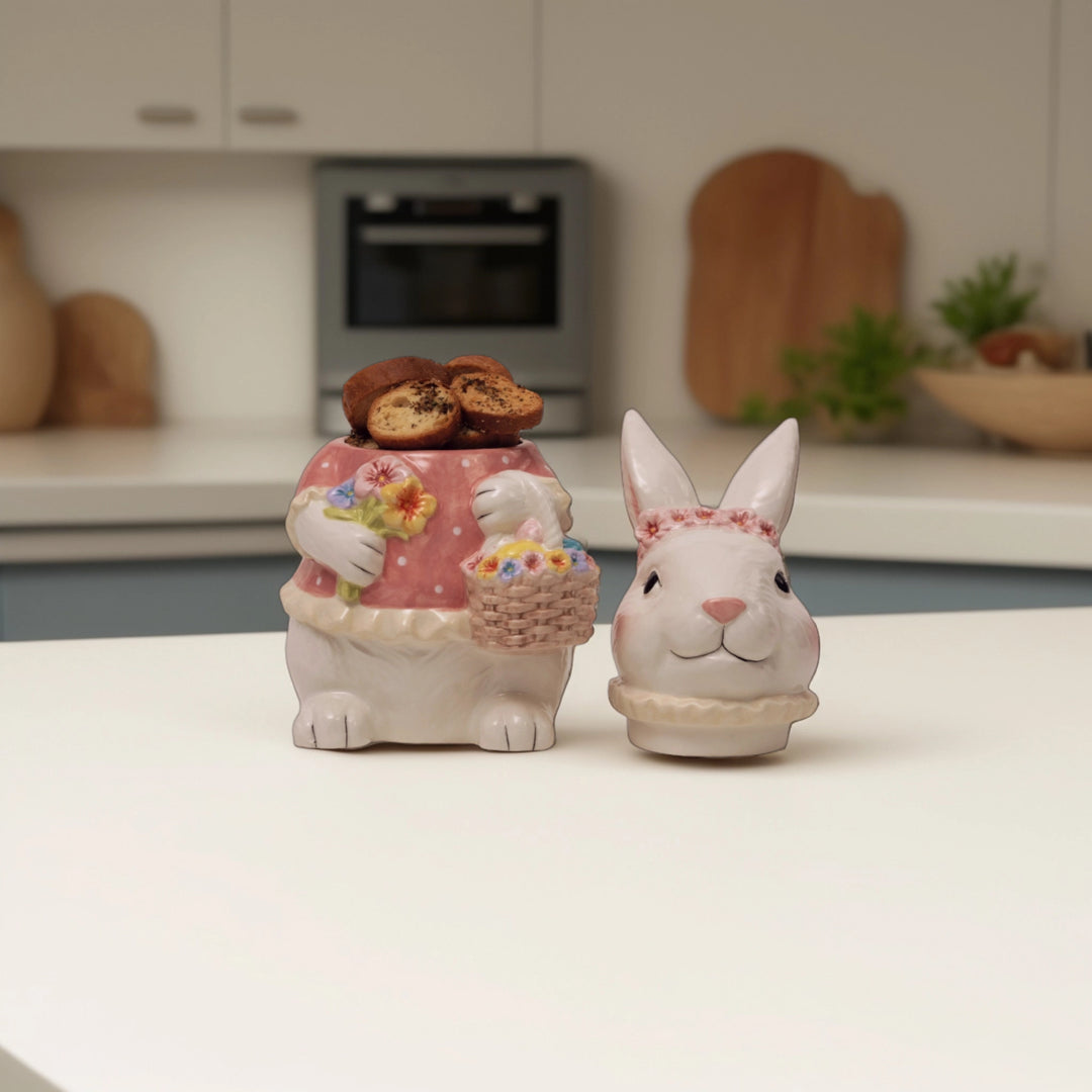 Pink Bunny Cookie Stasher - Ceramic bunny figurines with flower baskets for Easter decor | Hand-painted ceramic bunny| Whimsical spring decor ceramic bunnies | Bunny Cookie Stasher | Cute cookie Stasher | Home Decor | Kitchen Ware