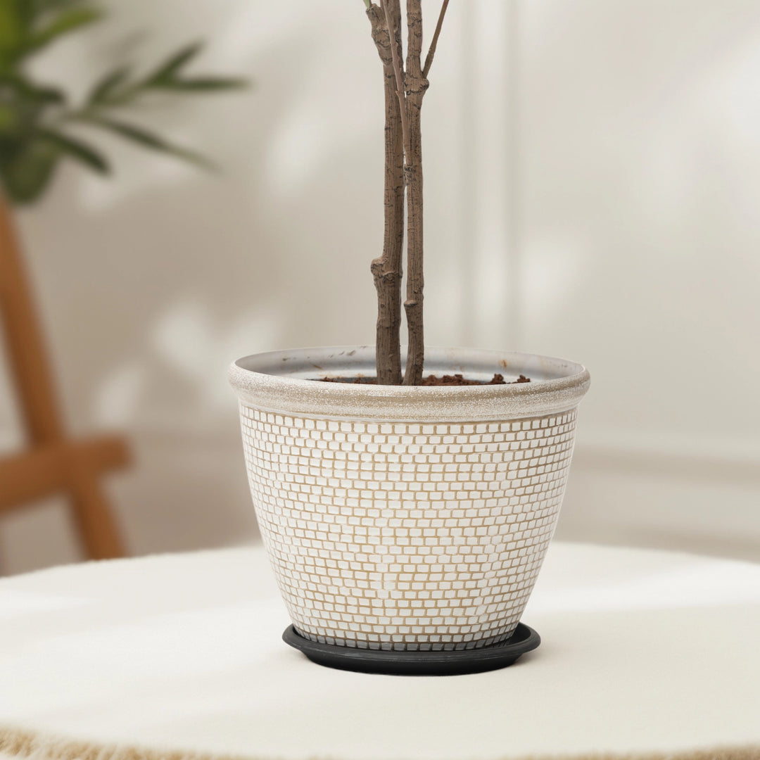 Woven White Planter Side Table Decor|Standalone Decorative Piece | Garden Decor