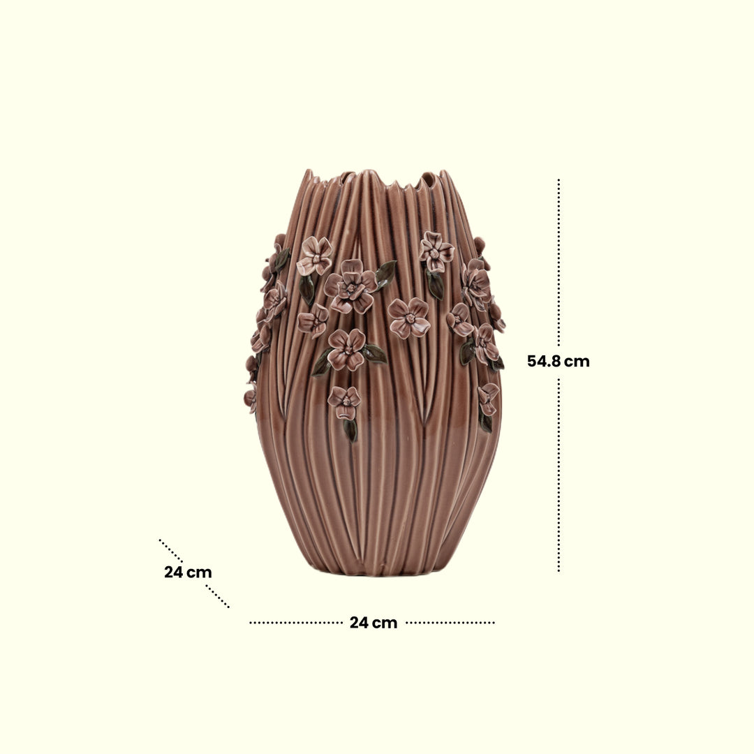 Floral Embossed Vase(Brown) Flower Vase | Ceramic Vase | Home Decor | Brown Vase