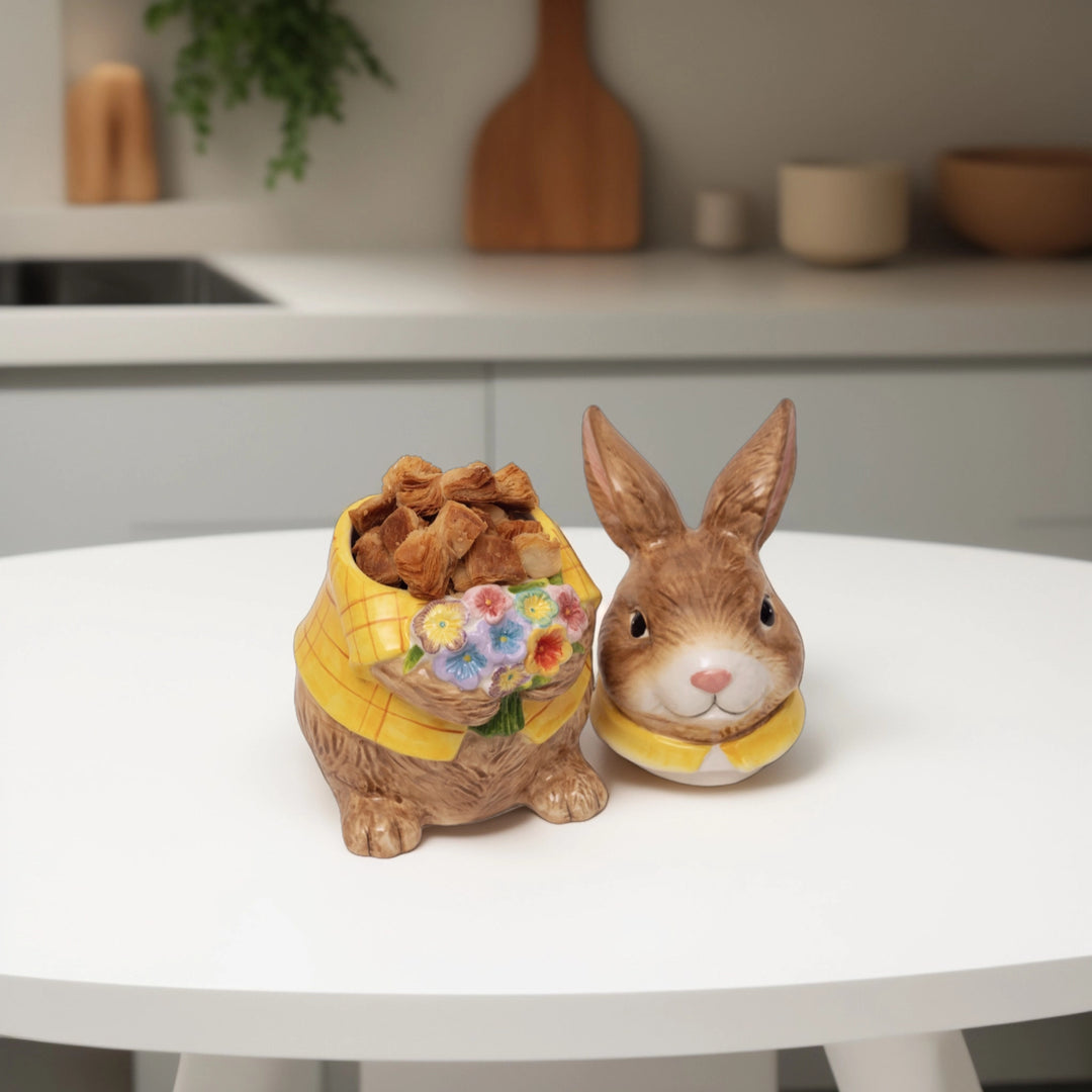 Yellow Bunny Cookie Stasher - Ceramic bunny figurines with flower baskets for Easter decor | Hand-painted ceramic bunny| Whimsical spring decor ceramic bunnies | Bunny Cookie Stasher | Cute cookie Stasher | Home Decor | Kitchen Ware