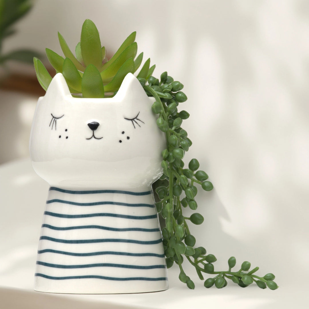 Cat Plant Vase (Stripes) - Home Decor | Artificial Garden | Ceramic Vase | Cat Vase