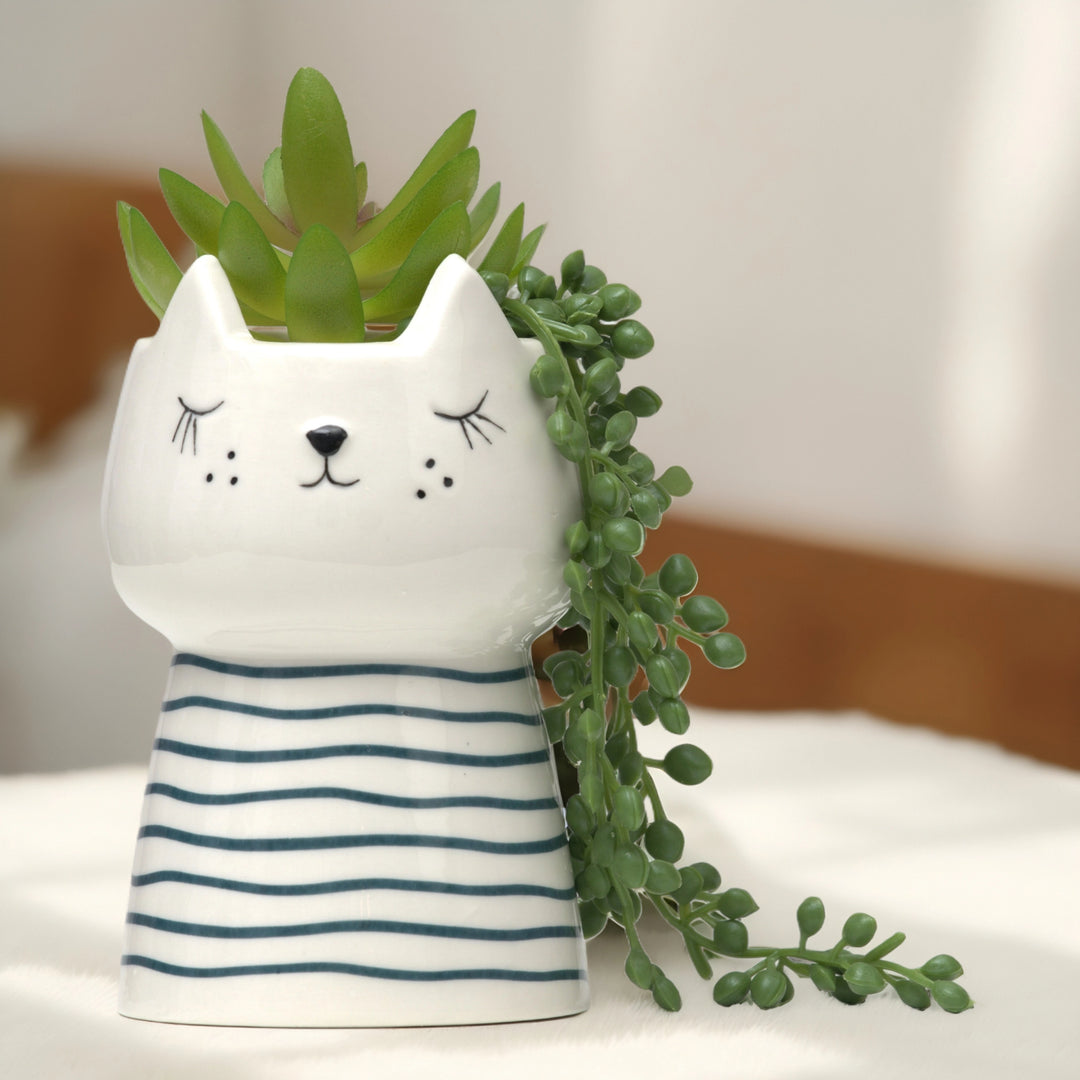 Cat Plant Vase (Stripes) - Home Decor | Artificial Garden | Ceramic Vase | Cat Vase