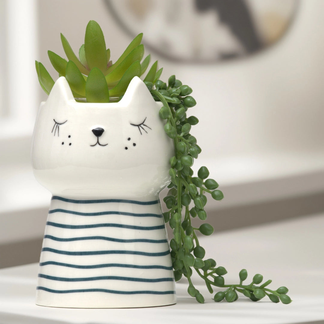 Cat Plant Vase (Stripes) - Home Decor | Artificial Garden | Ceramic Vase | Cat Vase