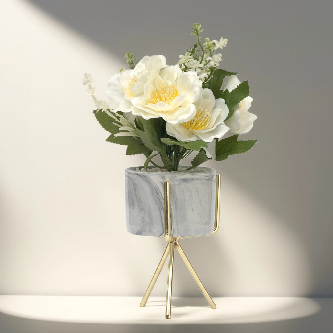 White Floral Arrangement in Marble-Style Ceramic Vase - Home Decor | Artificial Garden | Ceramic Planter | Marble Planter