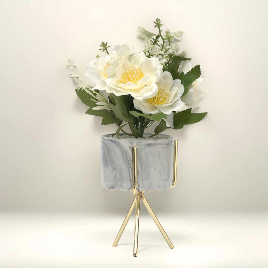 White Floral Arrangement in Marble-Style Ceramic Vase - Home Decor | Artificial Garden | Ceramic Planter | Marble Planter