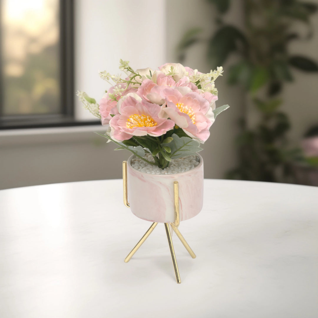 Pink Floral Arrangement in Marble-Style Ceramic Vase - Home Decor | Artificial Garden | Ceramic Planter | Marble Planter