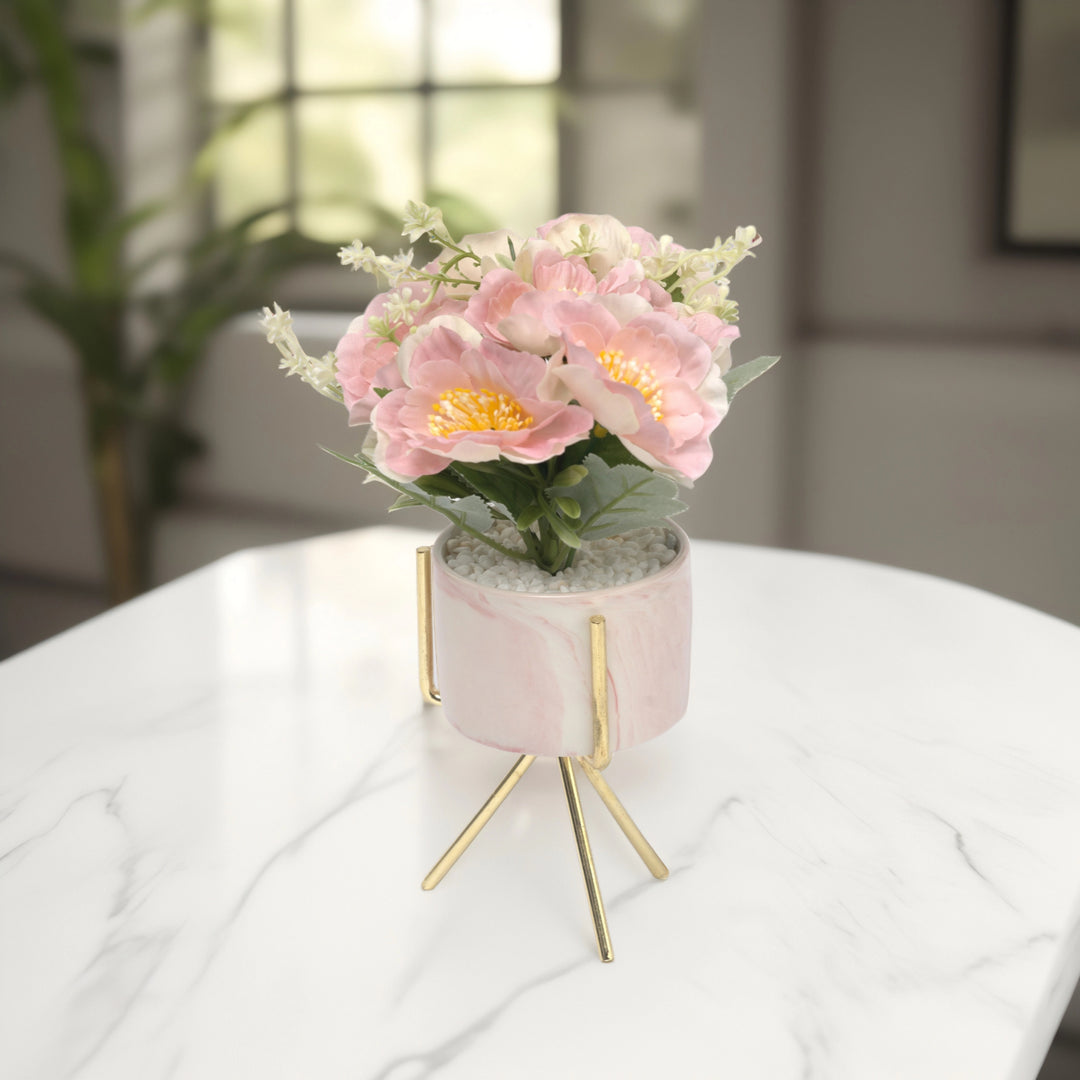 Pink Floral Arrangement in Marble-Style Ceramic Vase - Home Decor | Artificial Garden | Ceramic Planter | Marble Planter