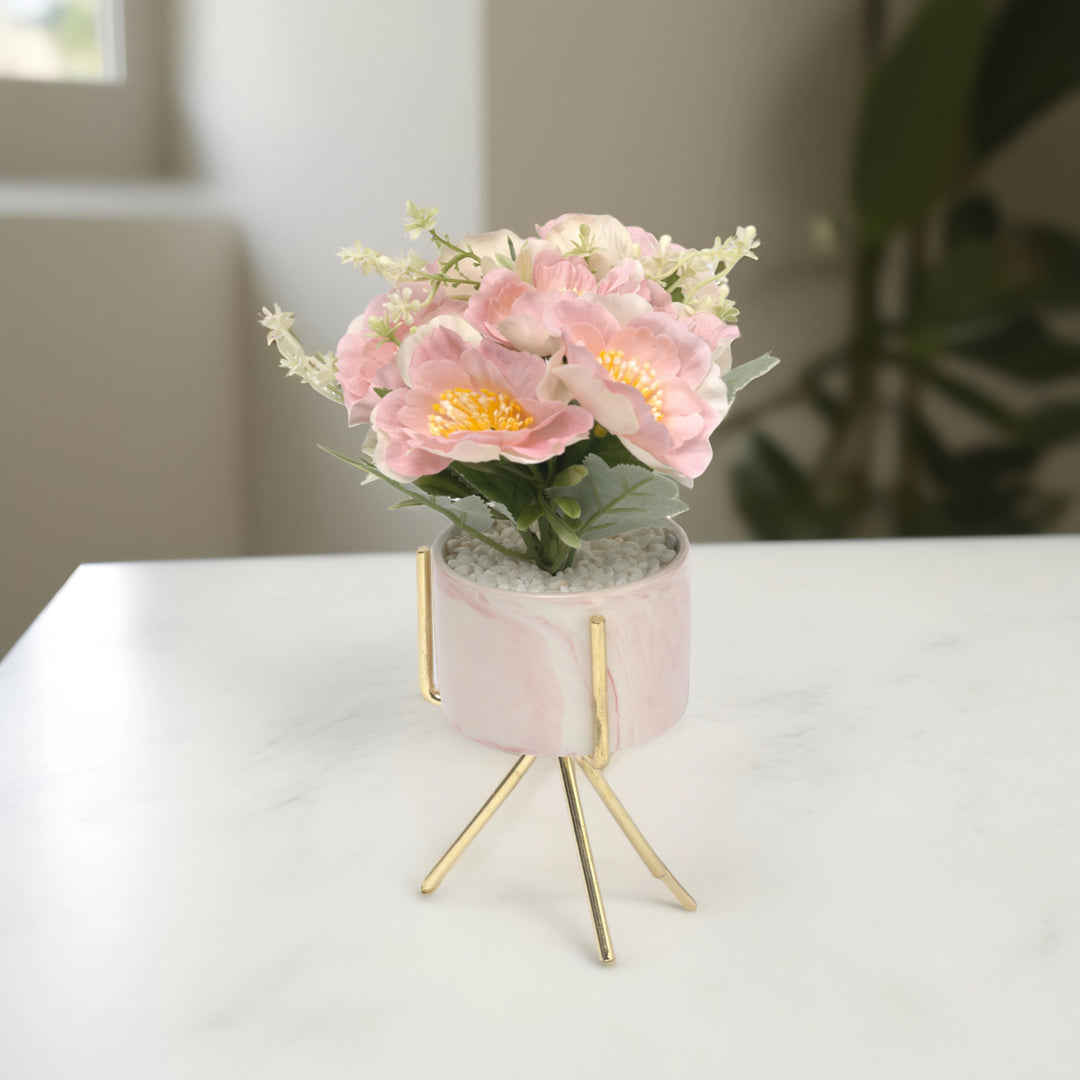 Pink Floral Arrangement in Marble-Style Ceramic Vase - Home Decor | Artificial Garden | Ceramic Planter | Marble Planter